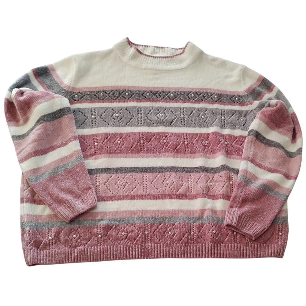 Alfred Dunner Sweater Pink Gray White Striped Knit Chenille Womens Size X Large‎